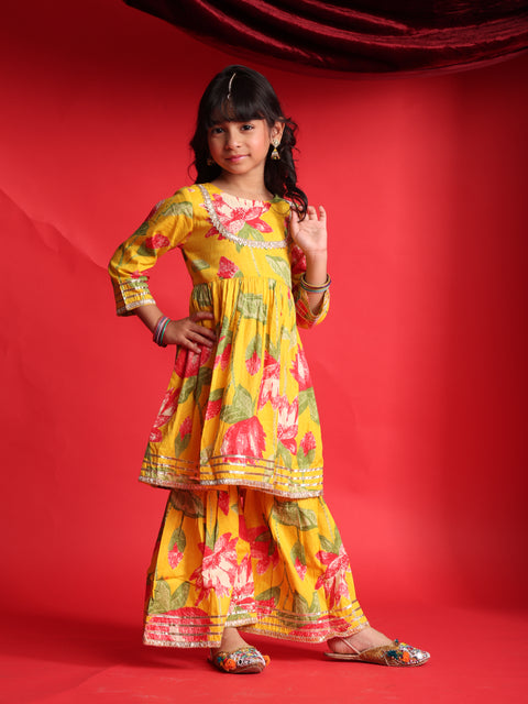 Yellow Floral Printed Kurta & Sharara Set for Girls