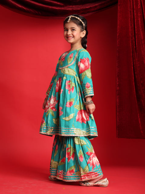 Teal Floral Printed Kurta & Sharara Set for Girls