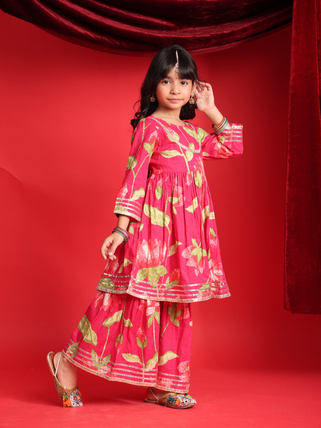 Red Floral Printed Kurta & Sharara Set for Girls