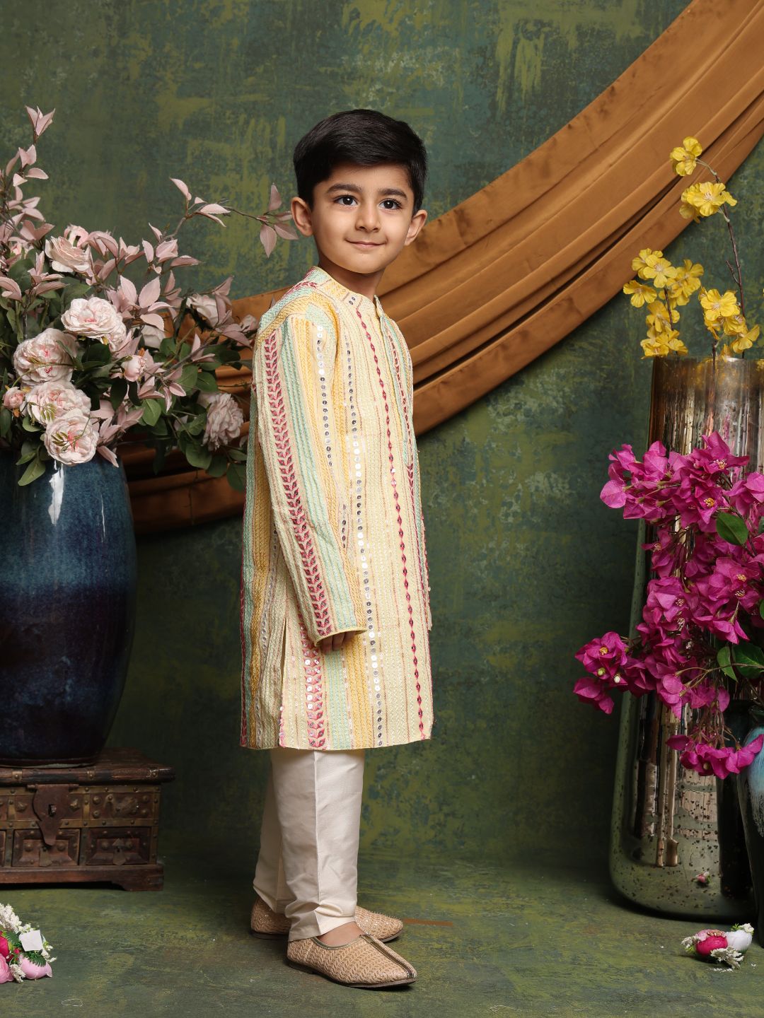 Sequence Embroidered Kurta & Pyjama - Beige Yellow