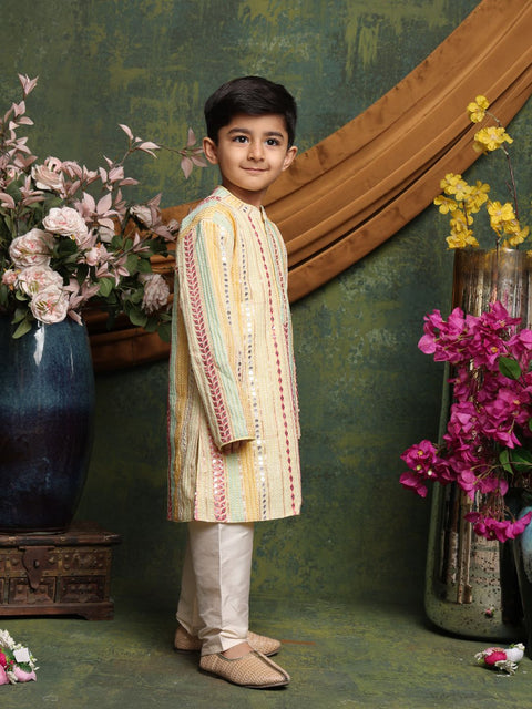 Saka Designs Boy's Sequence Embroidered Kurta & Pajamas - Beige Yellow