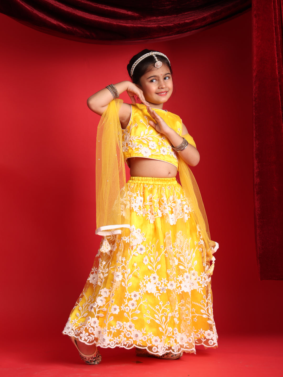 Girls Yellow Embroidered Lehenga Choli