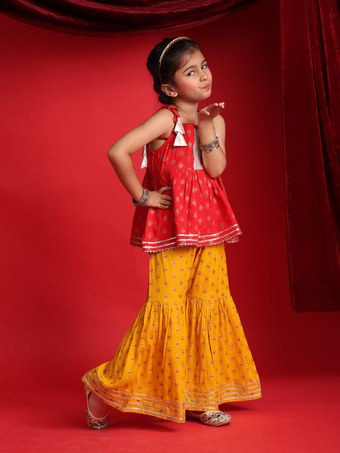 Red & Mustard Ethnic Printed Top & Sharara Set for Girls