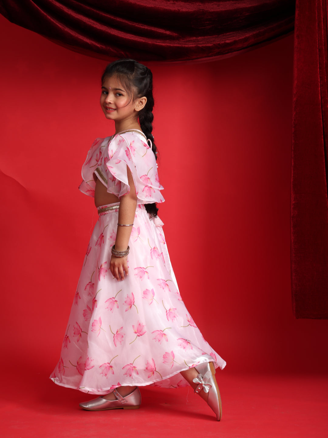 Girls Floral Print Ruffle Sleeves Lehenga Choli Set – Pink