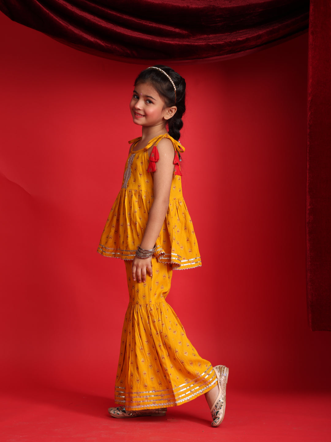 Mustard Ethnic Printed Top & Sharara Set for Girls