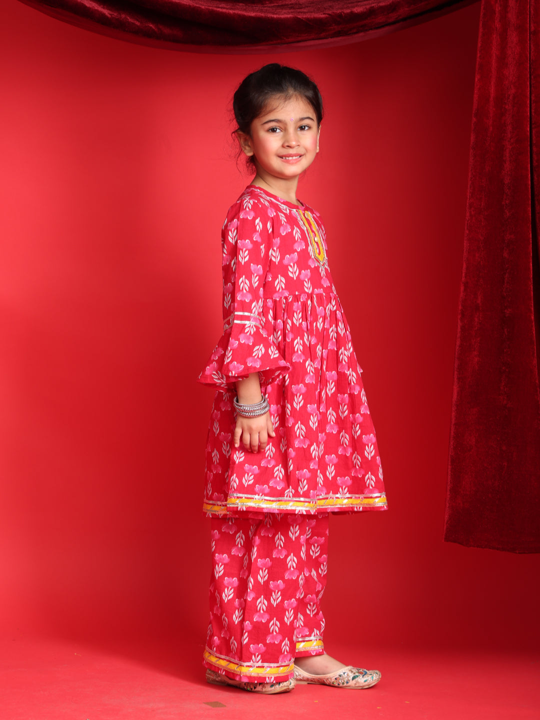 Pink Floral Printed Kurta & Salwar Set for Girls