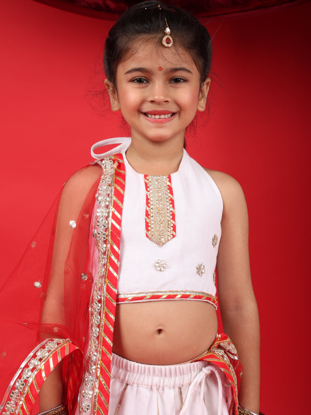 Girls White & Red Festive Lehenga Choli Set with Dupatta