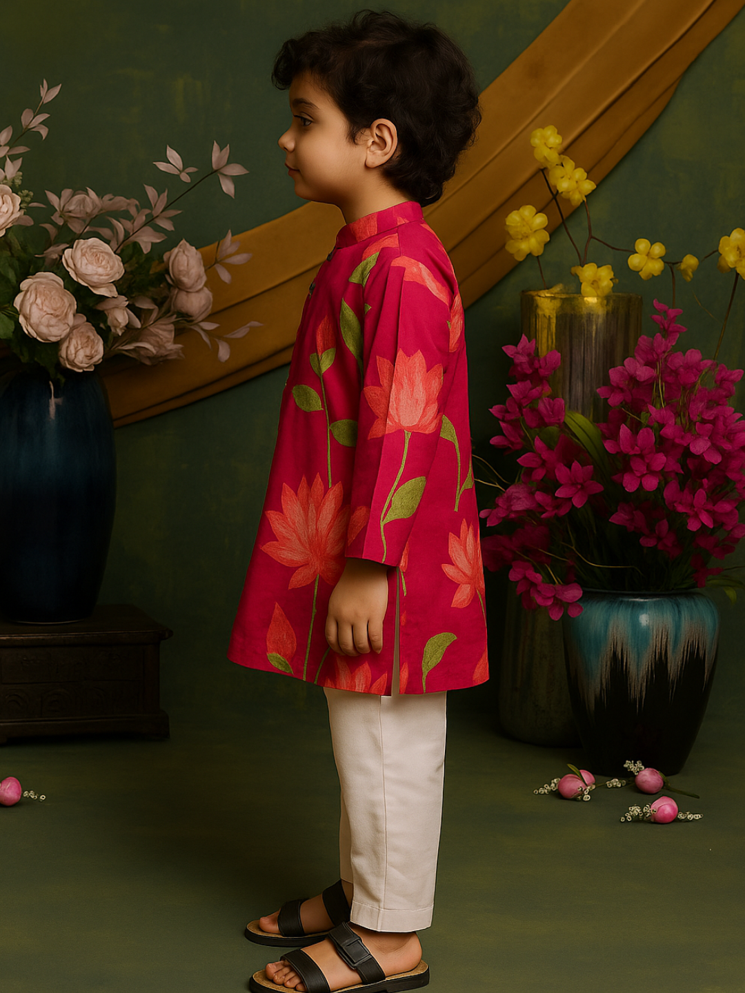 Floral Print Kurta With Pyjama - Red