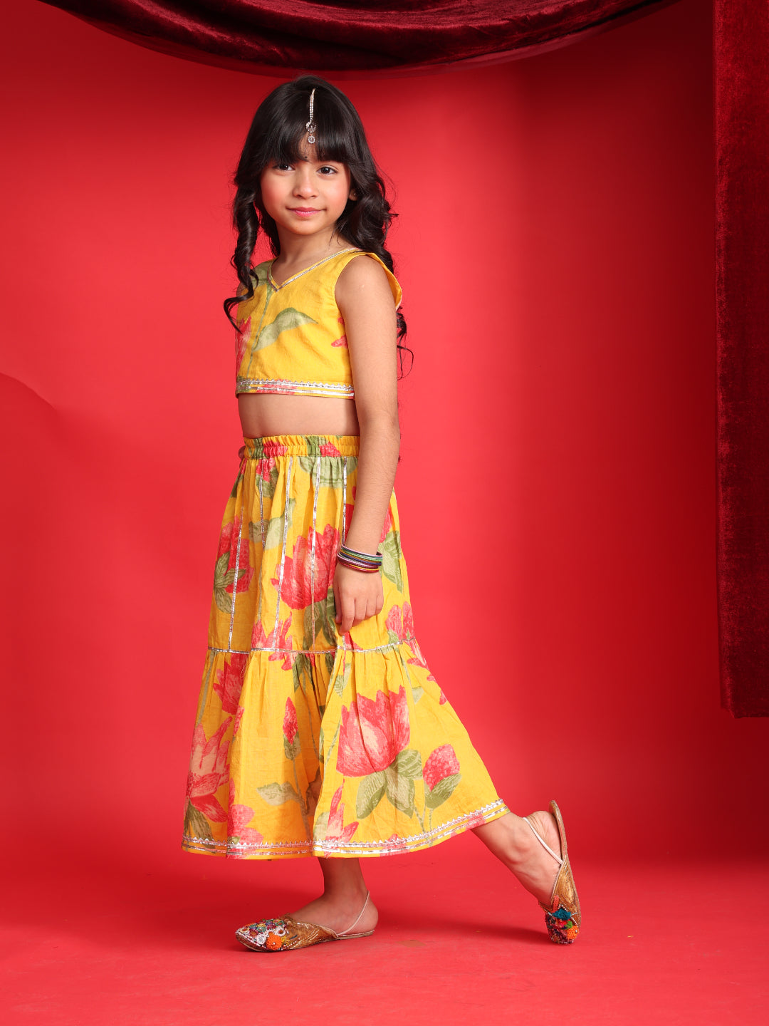 Girls Yellow Floral Printed Lehenga Choli Set
