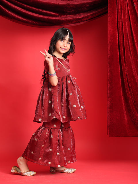 Girls Maroon Embroidered Peplum Kurti with Sharara