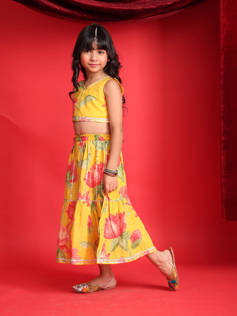 Girls Yellow Floral Printed Lehenga Choli Set