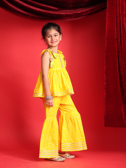 Yellow Bandhani Print Top & Sharara Set for Girls