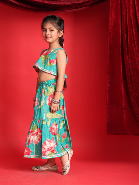 Girls Teal Blue Floral Printed Lehenga Choli Set