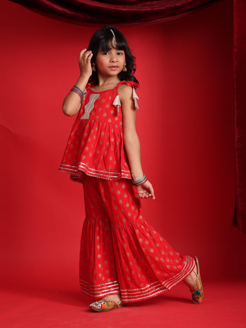 Red Ethnic Printed Top & Sharara Set for Girls