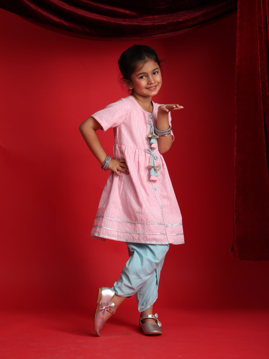 Pink jhabla & Blue Dhoti Set for Girls