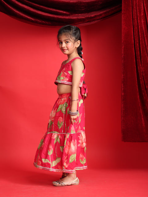 Girls Red Floral Printed Lehenga Choli Set