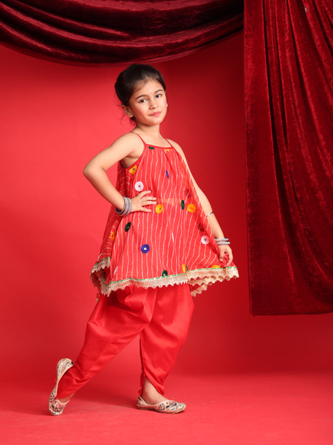 Girls Red Patiala Suit with Mirror Work