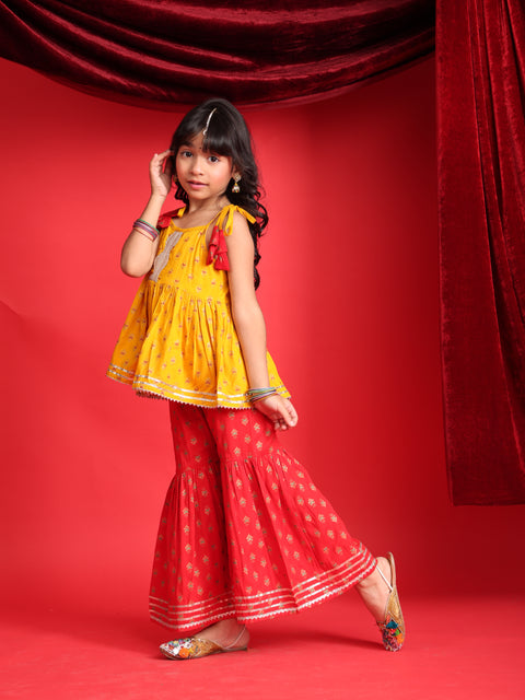 Mustard & Red Ethnic Printed Top & Sharara Set for Girls