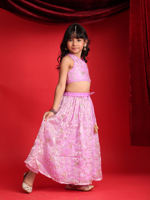 Girls Lavender Embroidered Halter-Neck Lehenga Choli Set