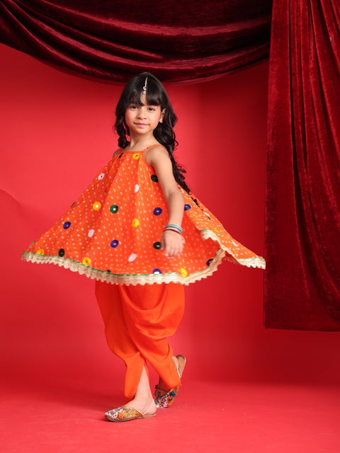 Girls Orange Patiala Suit with Mirror Work