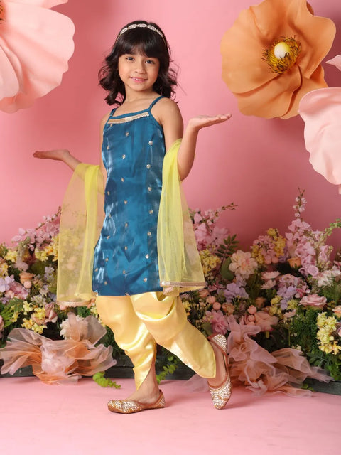 Young girl in traditional outfit with flowers and pink background