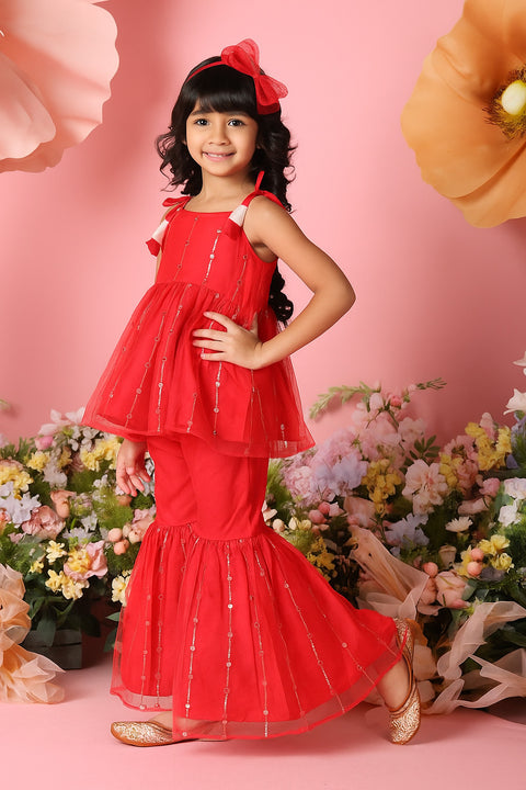 Saka Designs Woven Sleeveless Sequined Peplum Kurta with Sharara Pants - Red