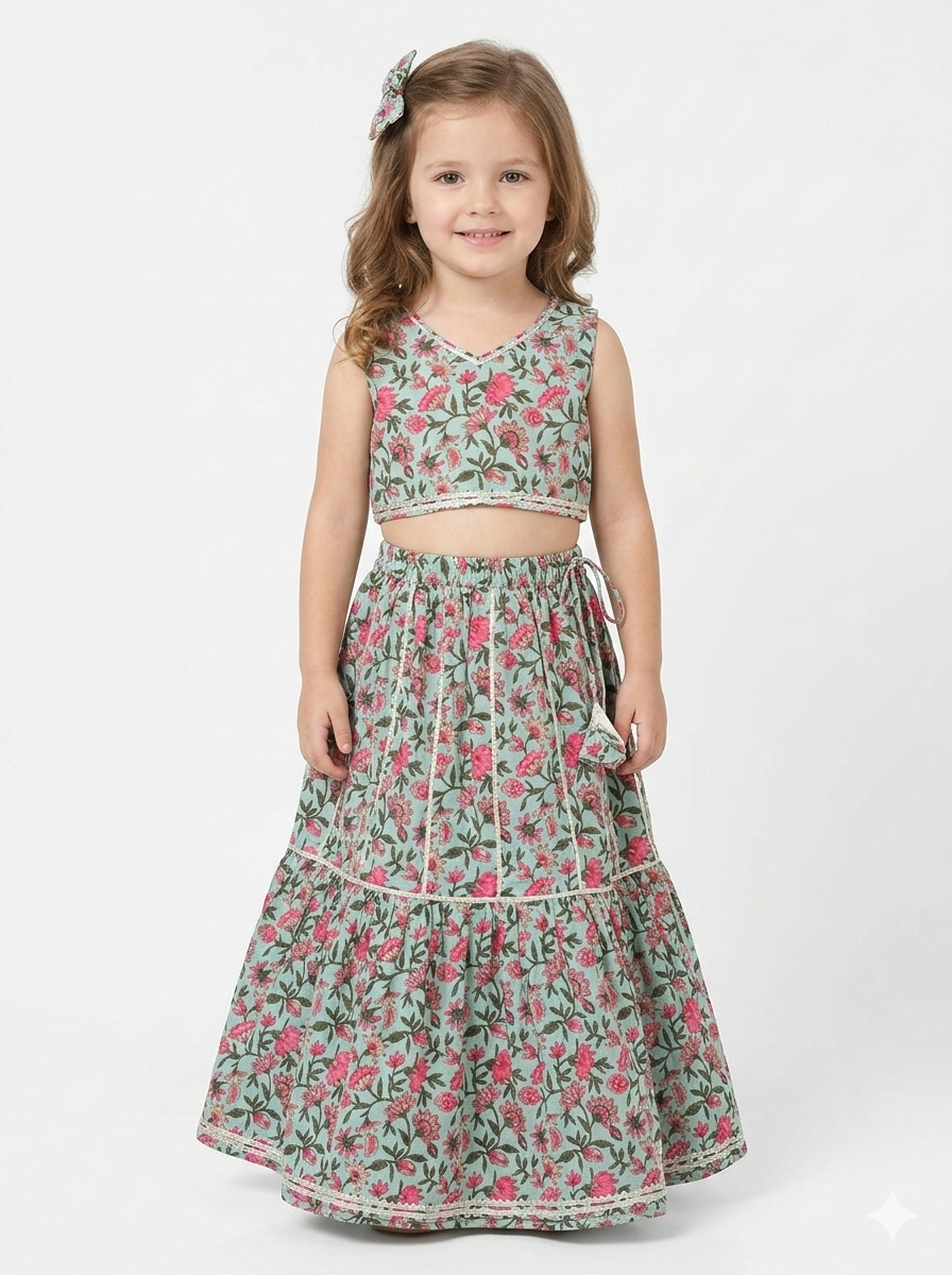 Girls Green Floral Printed Lehenga Choli Set