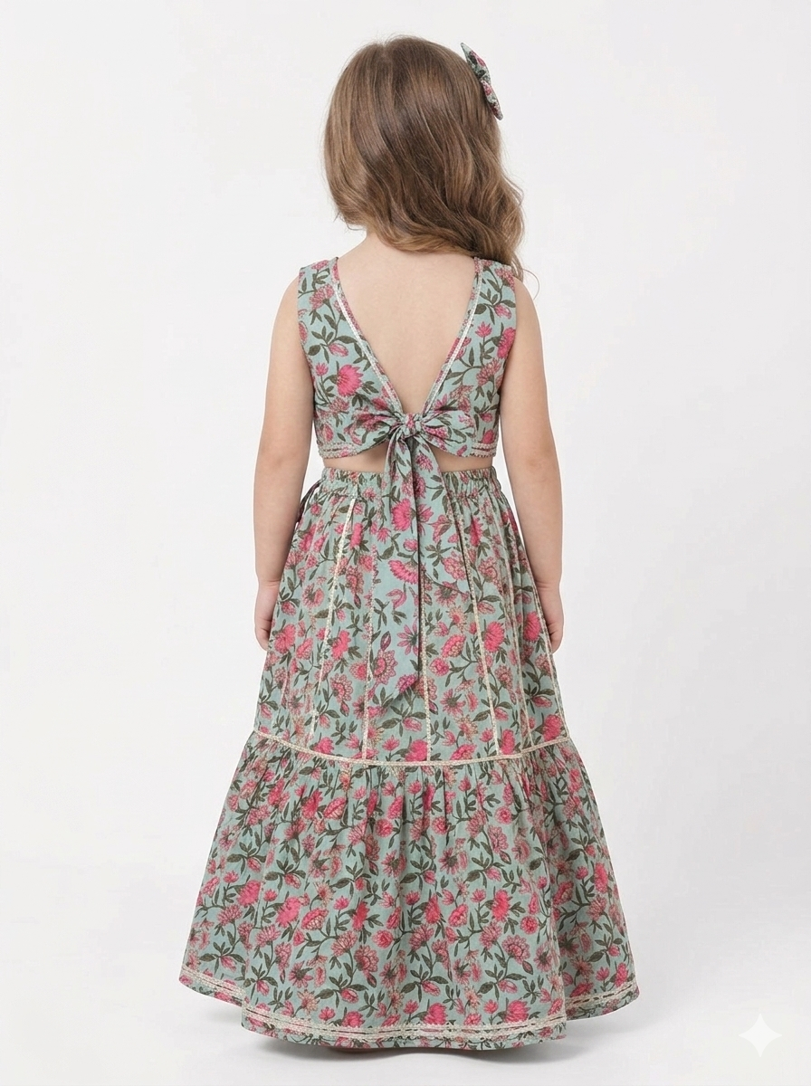 Girls Green Floral Printed Lehenga Choli Set