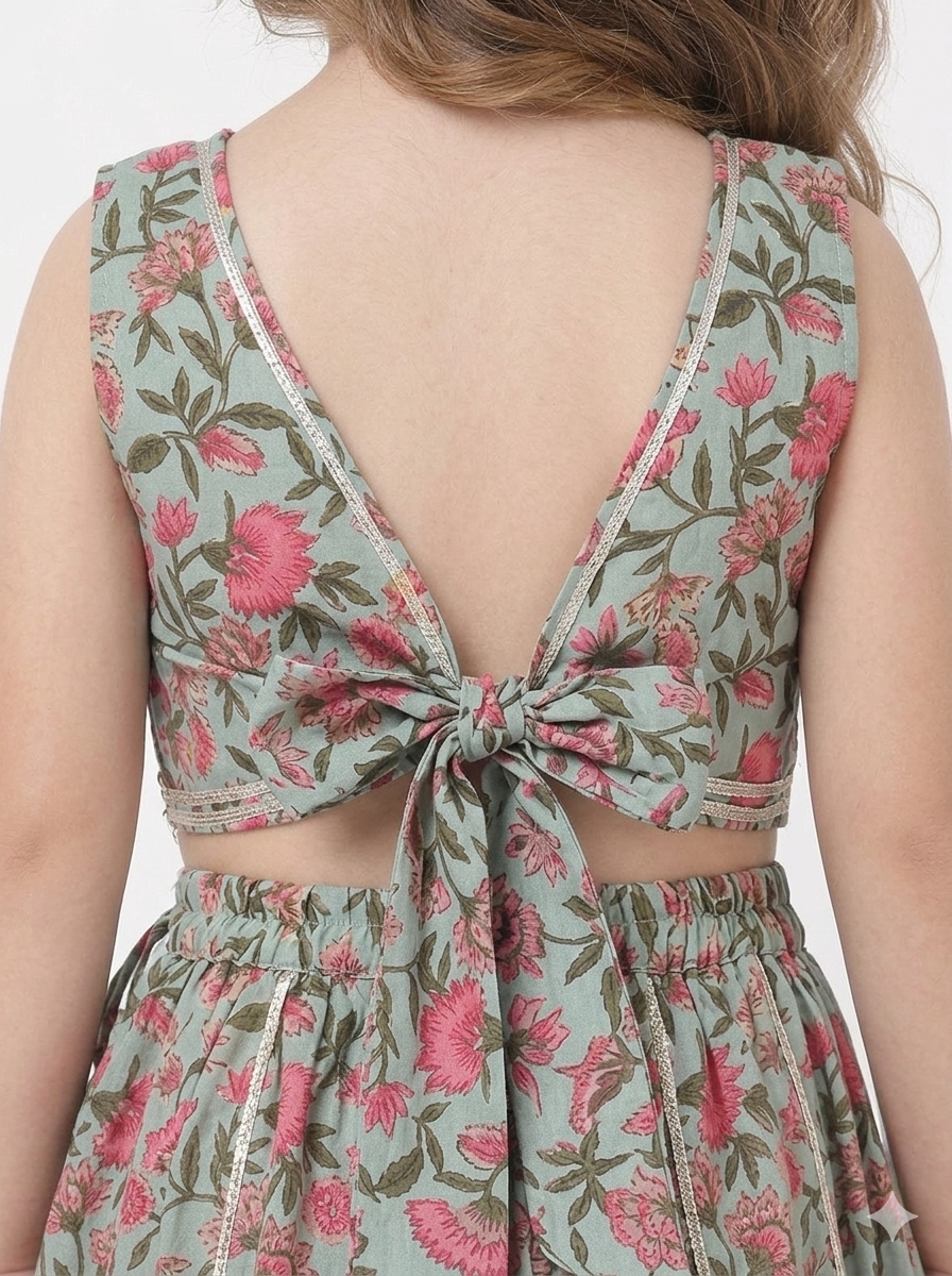 Girls Green Floral Printed Lehenga Choli Set