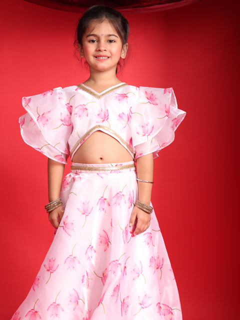 Girls Floral Print Ruffle Sleeves Lehenga Choli Set – Pink