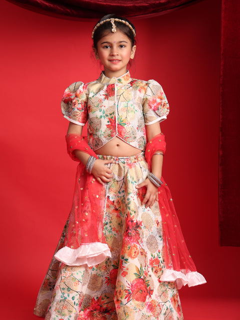 Girls Designer Floral Lehenga Choli with Puff Sleeves & Dupatta