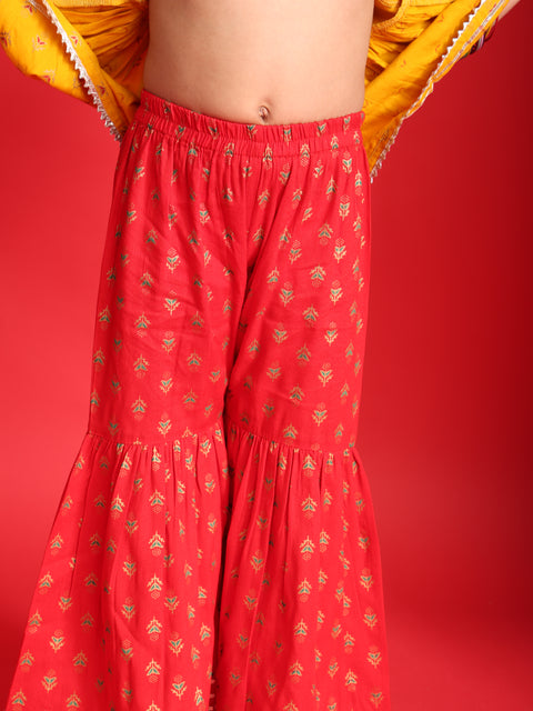 Mustard & Red Ethnic Printed Top & Sharara Set for Girls