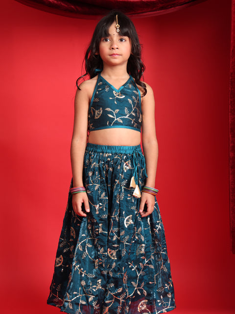 Girls Teal Blue Embroidered Lehenga Choli Set