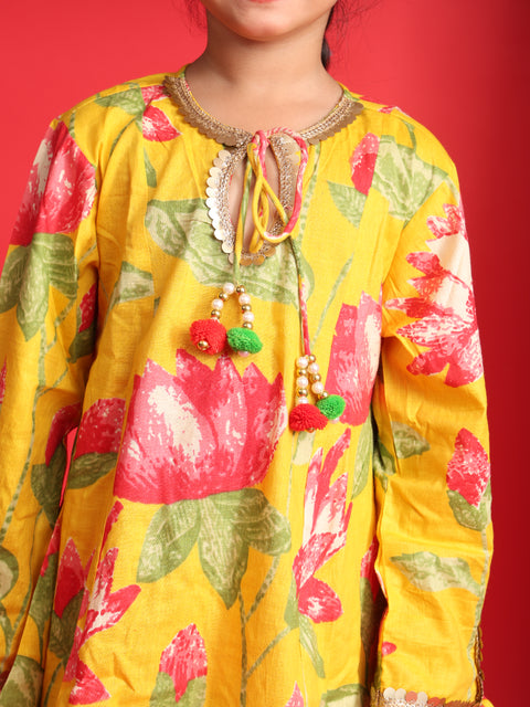 Yellow Floral Printed Lehenga Choli Set for Girls