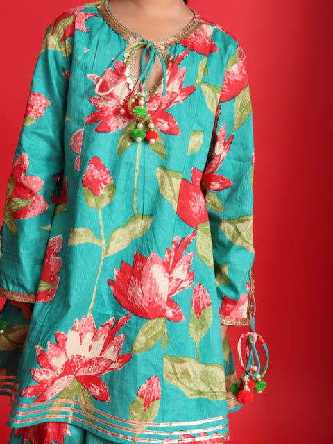Teal Floral Printed Lehenga Choli Set for Girls