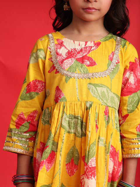 Yellow Floral Printed Kurta & Sharara Set for Girls