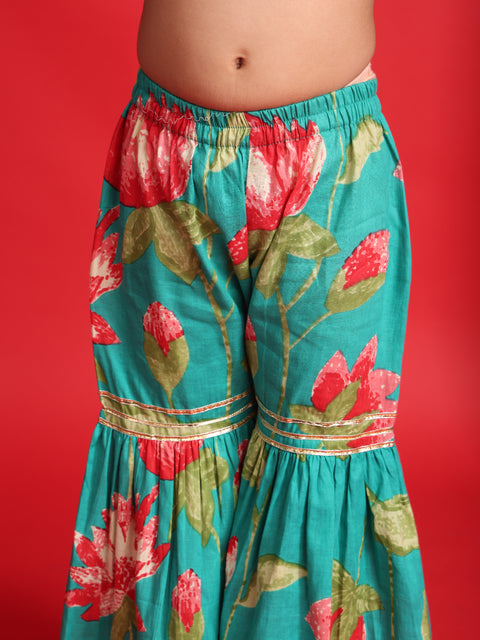 Teal Floral Printed Kurta & Sharara Set for Girls