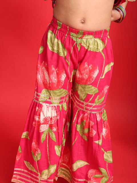 Red Floral Printed Kurta & Sharara Set for Girls