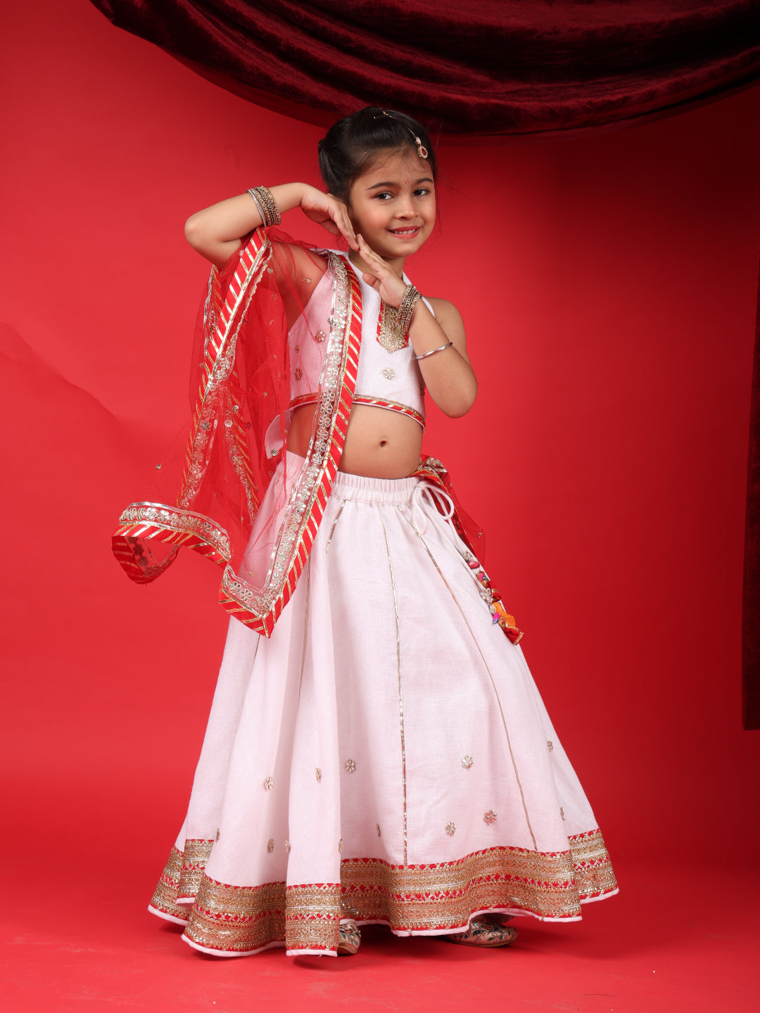 Girls White & Red Festive Lehenga Choli Set with Dupatta