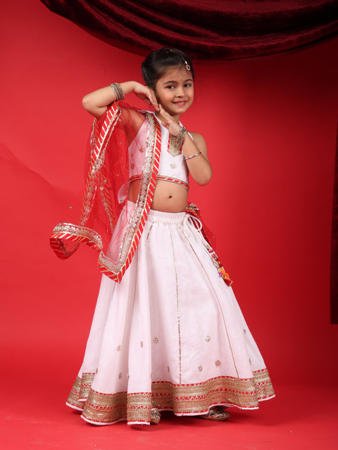 Girls White & Red Festive Lehenga Choli Set with Dupatta