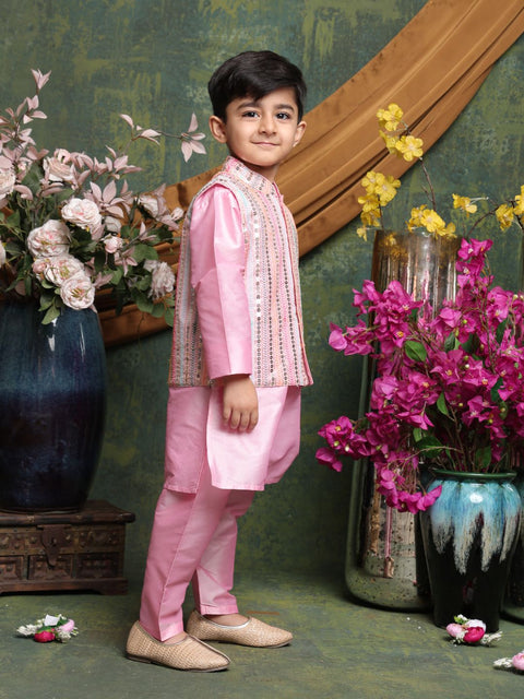Saka Designs Full Sleeves Kurta Pajama With Embroidered Nehru Jacket – Pink