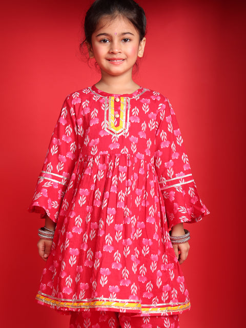 Pink Floral Printed Kurta & Salwar Set for Girls