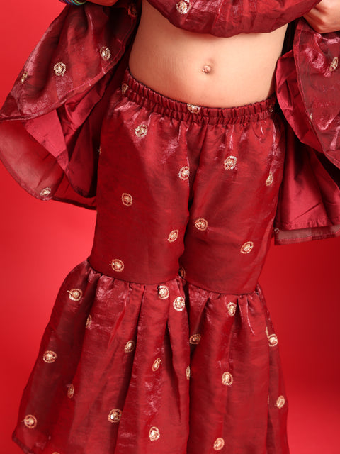 Girls Maroon Embroidered Peplum Kurti with Sharara