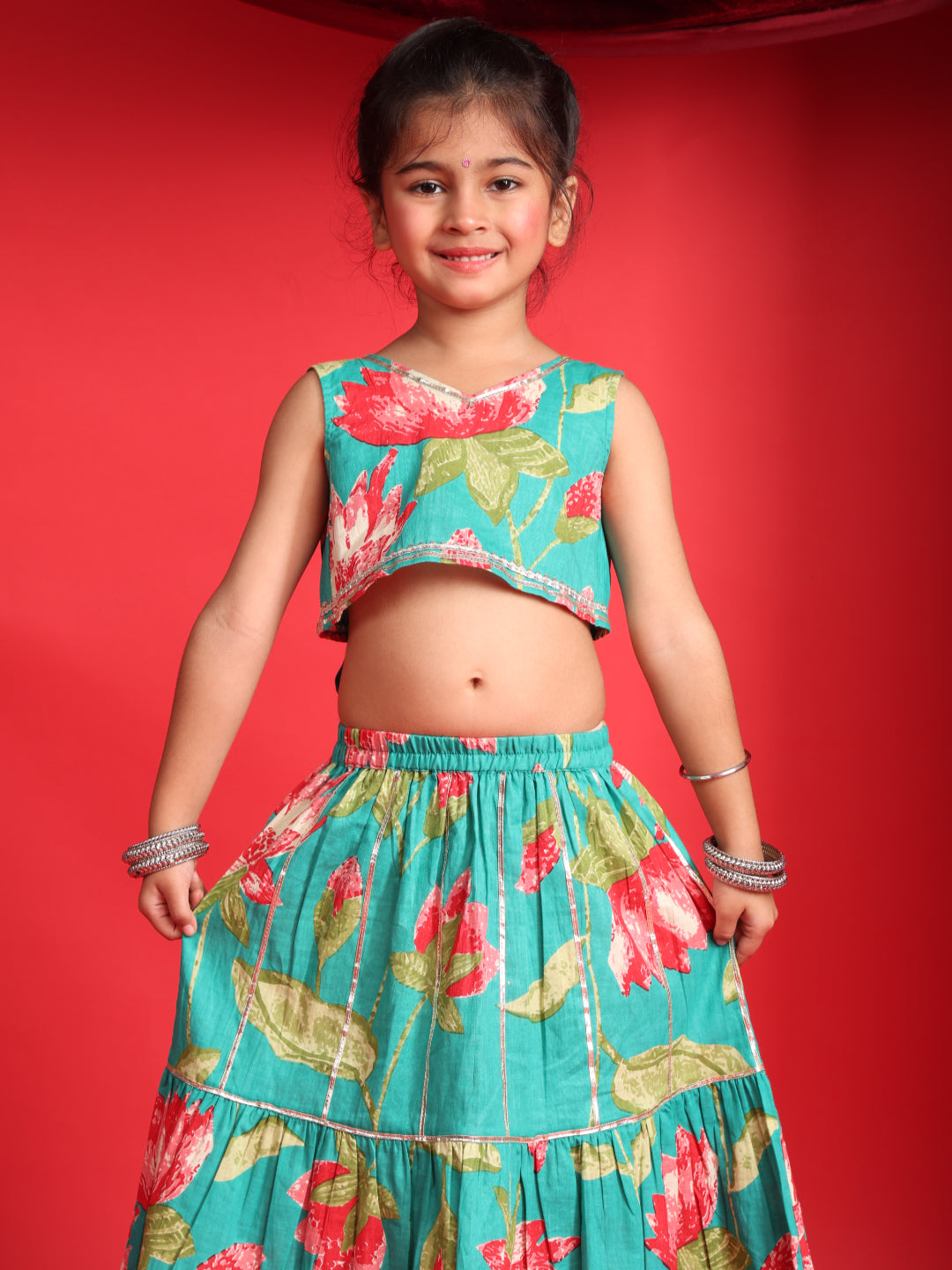 Girls Teal Blue Floral Printed Lehenga Choli Set