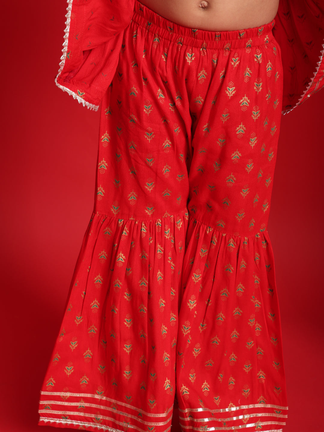 Red Ethnic Printed Top & Sharara Set for Girls