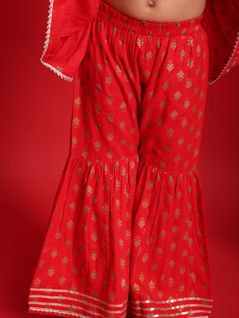 Red Ethnic Printed Top & Sharara Set for Girls