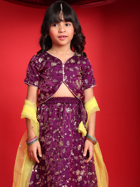 Girls Party Wear Purple Lehenga Choli with Yellow Dupatta