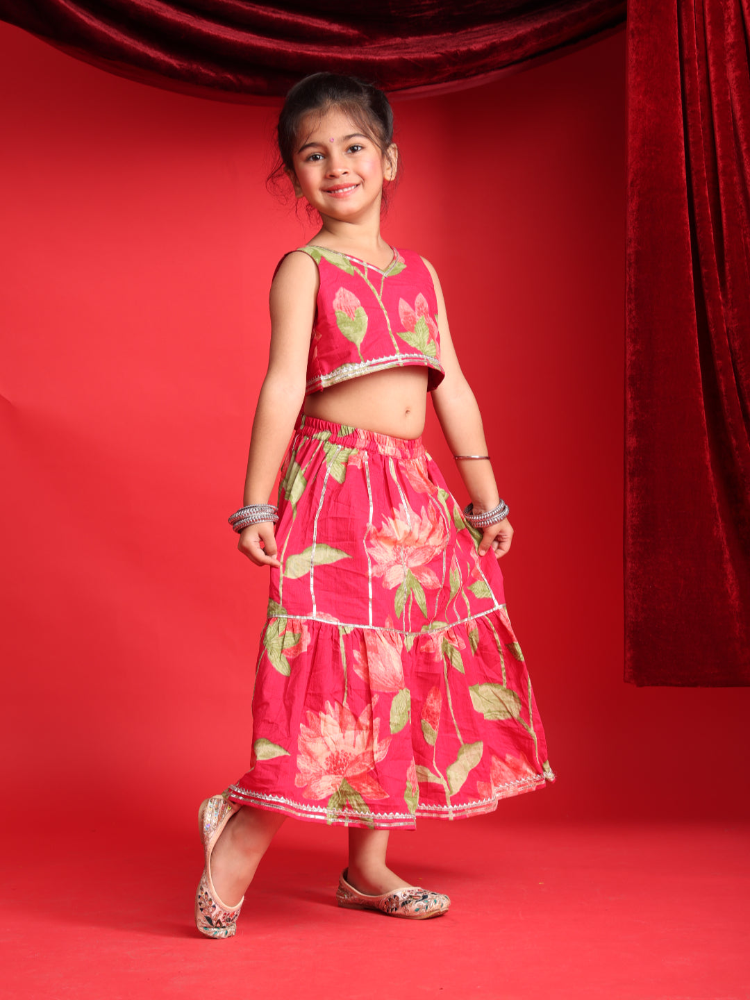Girls Red Floral Printed Lehenga Choli Set