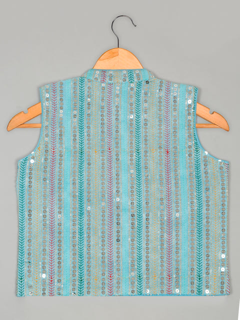 Saka Designs Full Sleeves Kurta Pajama With Embroidered Nehru Jacket – Sky Blue
