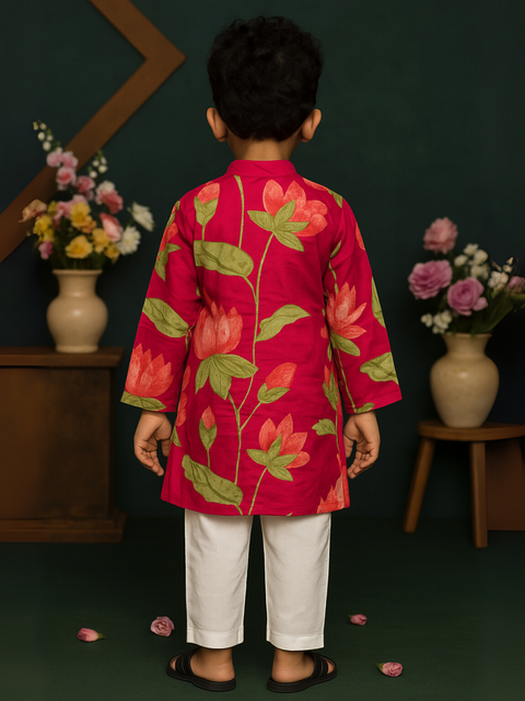 Saka Designs Printed Full Sleeve Kurta With Pajama- Red & White
